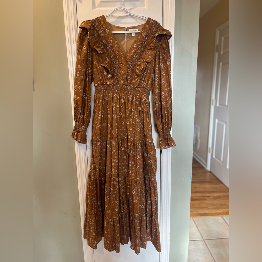 &merci Brown Floral Long Sleeve Ruffled Midi Dress